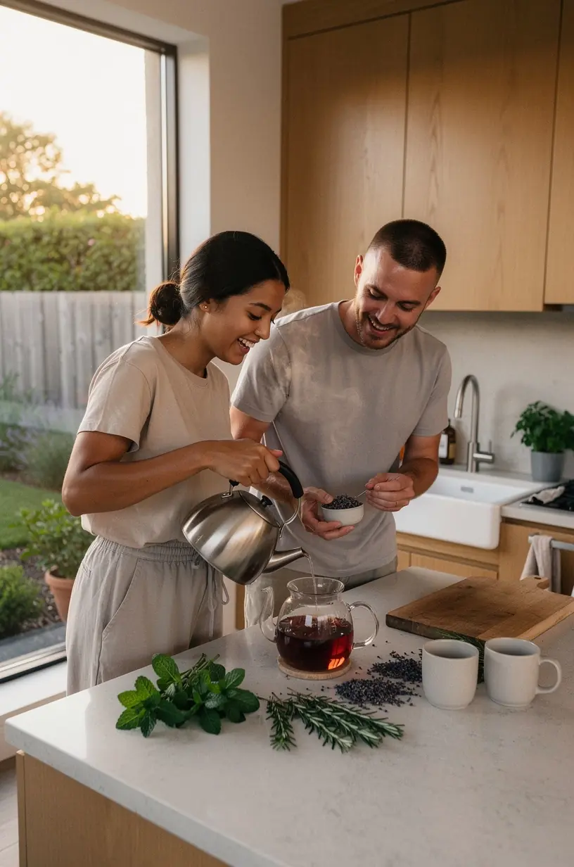 Rami namų svetainė vakare, kurioje matyti arbatos puodelis ir knyga.