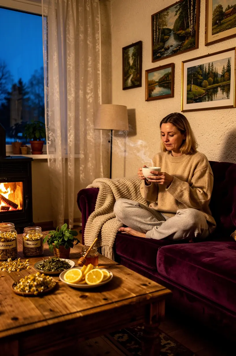 Asmuo, atsipalaiduojantis su arbatos puodeliu, mėgaujantis vakaro ramybe.